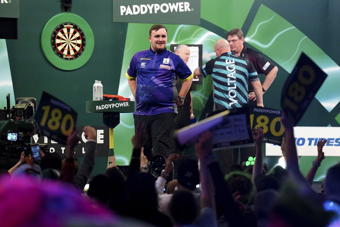 Luke Littler reacts after victory over Rob Cross (not pictured) on day fifteen of the Paddy Power World Darts Championship at Alexandra Palace, London. Picture date: Tuesday January 2, 2024. 74983913 (Press Association via AP Images)