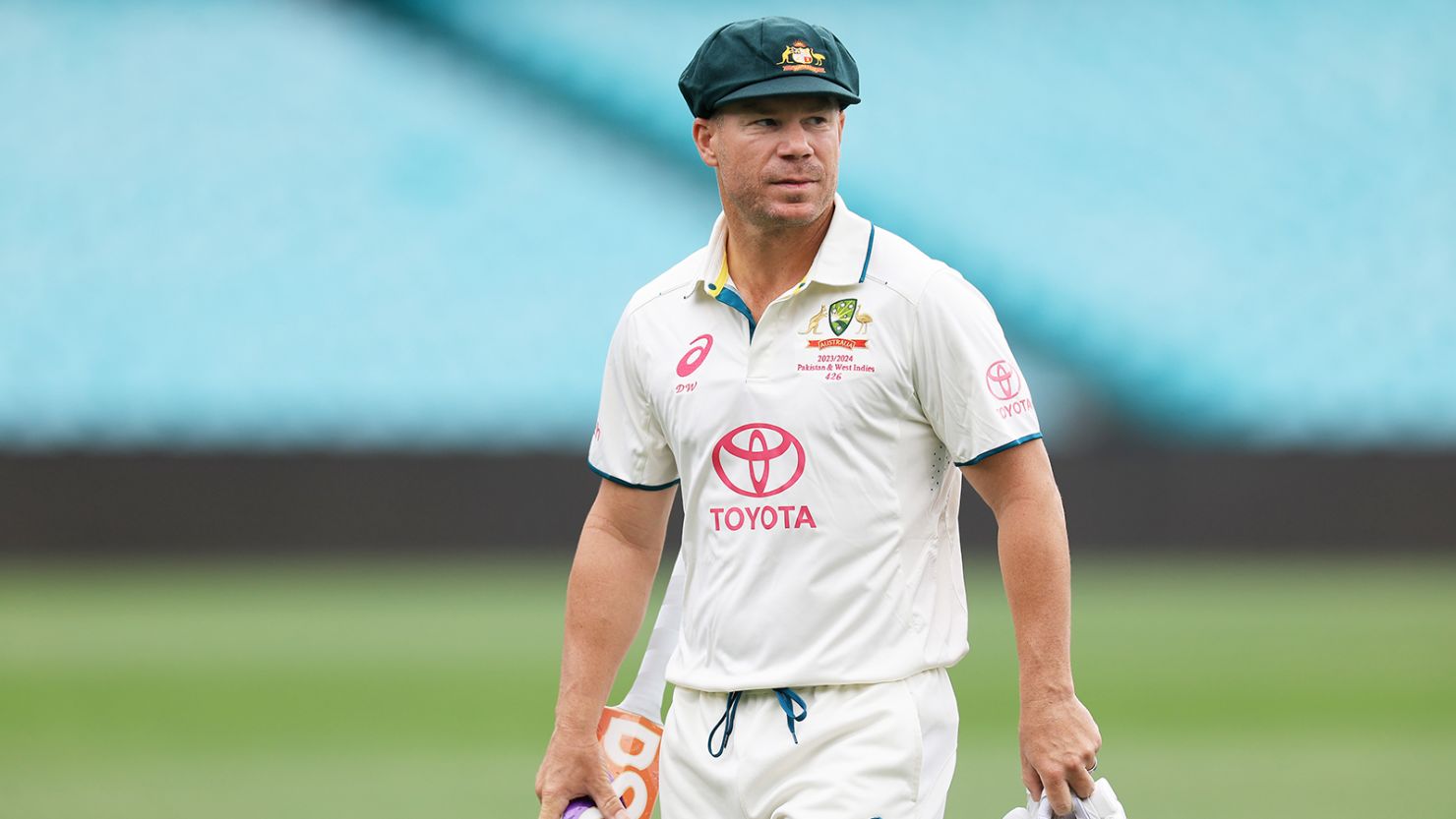 David Warner of Australia checks out the pitch ahead of the Third Test Match between Australia and Pakistan at Sydney Cricket Ground on January 01, 2024 in Sydney, Australia.