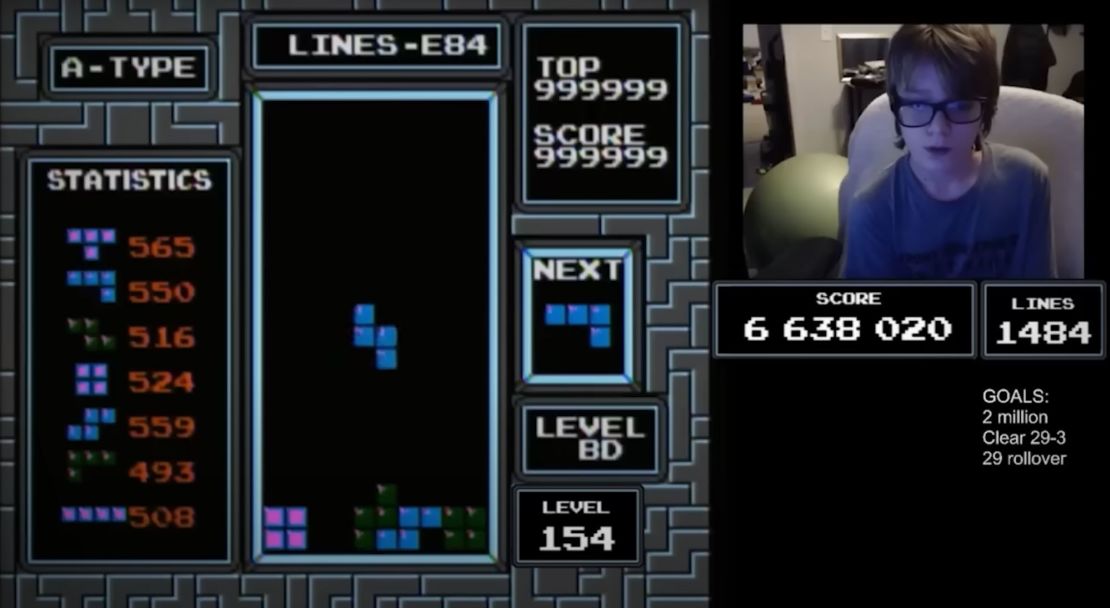 A screenshot of Willis Gibson's record-breaking Tetris game livestream