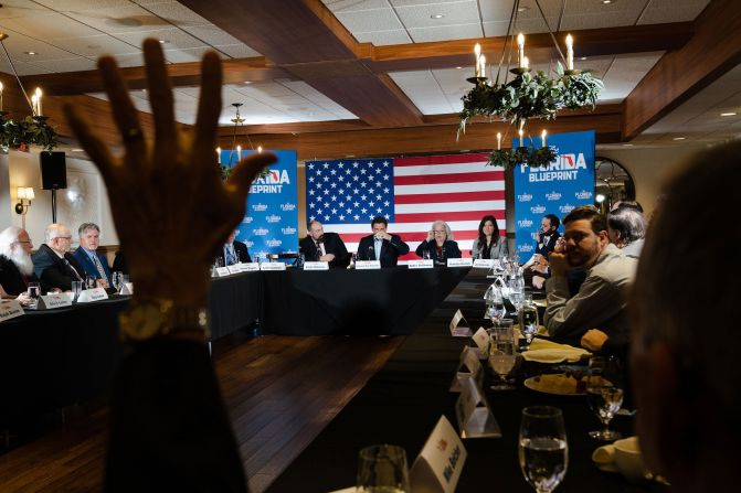 DeSantis speaks with New Hampshire state legislators during an event at the Bedford Village Inn in Bedford, New Hampshire, on May 19, 2023. He <a href="https://www.cnn.com/2023/05/24/politics/ron-desantis-fec-filing-2024/index.html" target="_blank">launched</a> his 2024 presidential bid later that week.