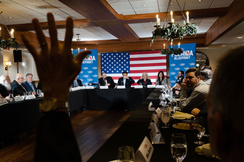 DeSantis speaks with New Hampshire state legislators during an event at the Bedford Village Inn in Bedford, New Hampshire, on May 19, 2023. He <a href=
