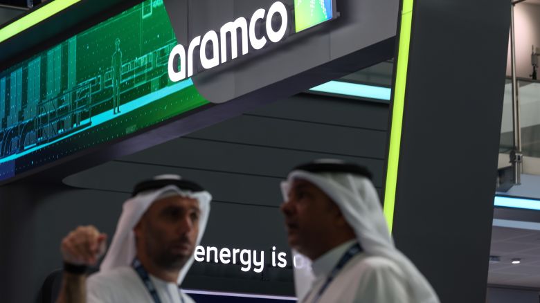 Signage above the Saudi Aramco booth on day two of the Abu Dhabi International Petroleum Exhibition and Conference (ADIPEC) in Abu Dhabi, United Arab Emirates, on Tuesday, Oct. 3, 2023. The annual strategic energy conference runs from Oct 2-5. Photographer: Christopher Pike/Bloomberg via Getty Images