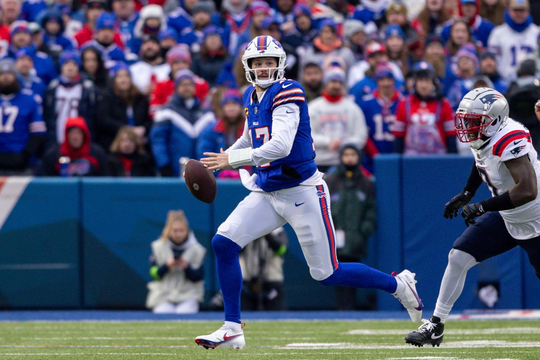 Buffalo Bills quarterback Josh Allen (17) scrambles during an NFL football game, Sunday, Dec. 31, 2023, in Orchard Park, NY. (AP Photo/Matt Durisko)