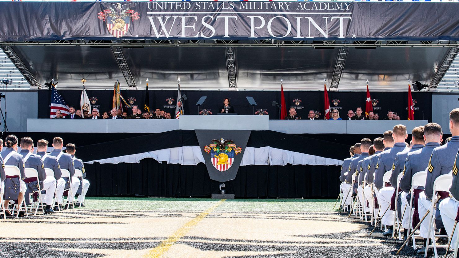 U.S. Vice President Kamala Harris speaks during the 2023 graduation ceremony at the United States Military Academy (USMA), at Michie Stadium in West Point, New York, U.S., May 27, 2023.