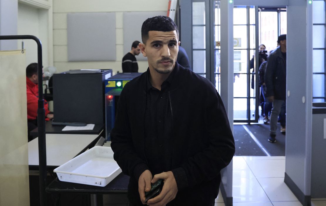 Nice's Algerian defender Youcef Atal arrives at Nice courthouse, southern France, for his trial for incitement to hatred, on December 18, 2023. Algerian international footballer Youcef Atal goes on trial in France Monday accused of inciting hatred after posting a video in which a Palestinian preacher purportedly threatens Israel with a "black day". Atal, who plays for Ligue 1 side Nice, shared the video on his Instagram account, which has 3.2 million followers, shortly after the attack by Hamas militants on Israel on October 7 in which 1,139 people were killed. (Photo by Valery HACHE / AFP) (Photo by VALERY HACHE/AFP via Getty Images)