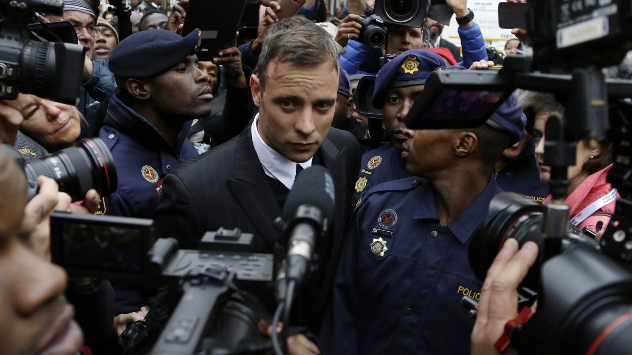 FILE - Oscar Pistorius leaves the High Court in Pretoria, South Africa, on June 14, 2016 during his trail for the murder of girlfriend Reeva Steenkamp. Oscar Pistorius is due on Friday, Jan. 5, 2024 to be released from prison on parole to live under strict conditions at a family home after serving nearly nine years of his murder sentence for the shooting death of girlfriend Reeva Steenkamp on Valentine's Day 2013. (AP Photo/Themba Hadebe, File)