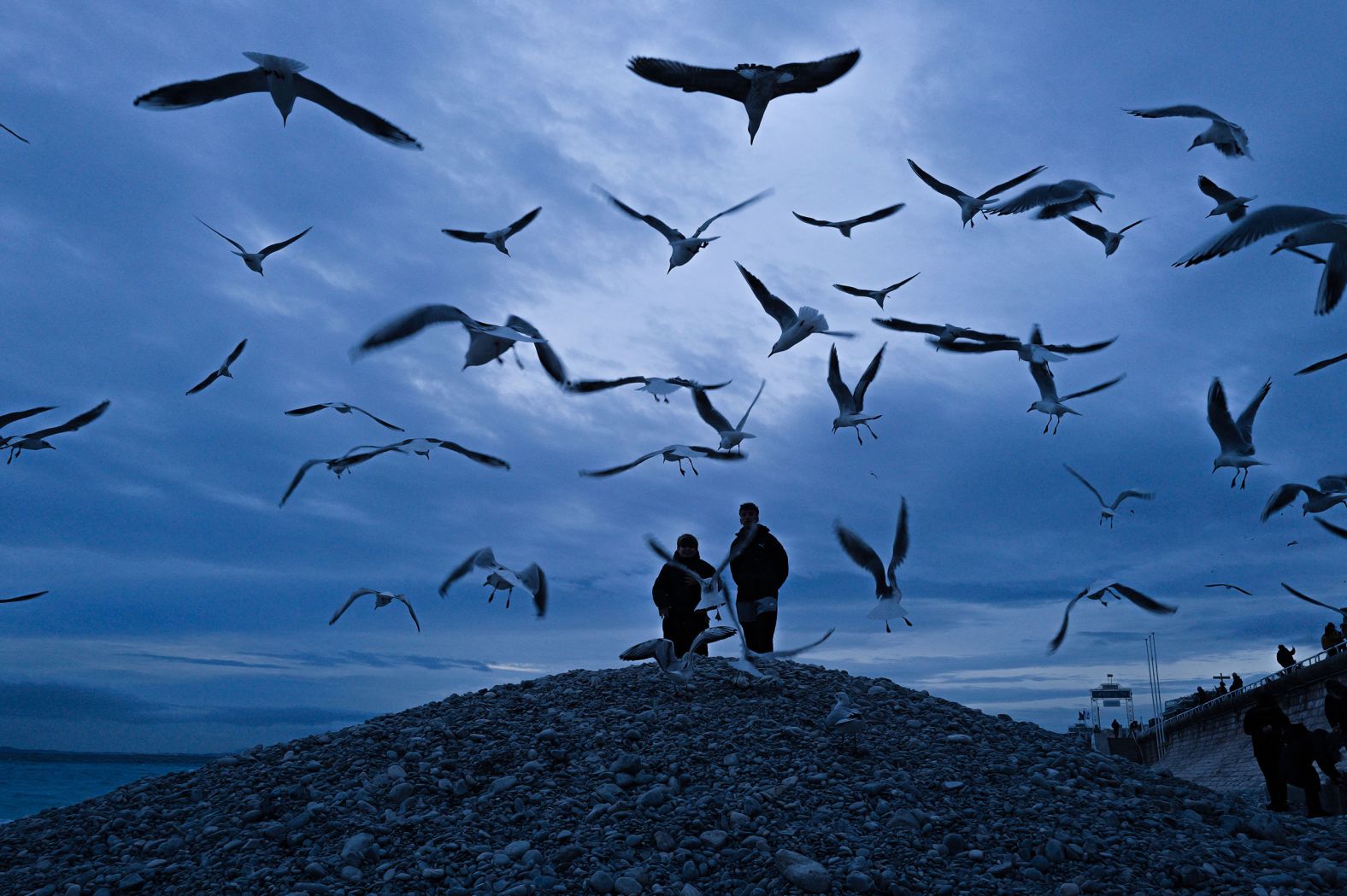 Two boys watch seagulls along the Promenade des Anglais in Nice, France, on Tuesday, January 2.