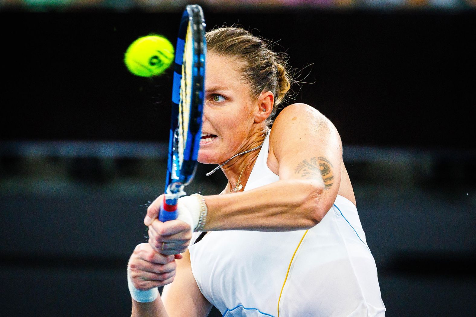 Karolína Plíšková hits a return during a singles match at the Brisbane International tennis tournament in Brisbane, Australia, on Wednesday, January 3.