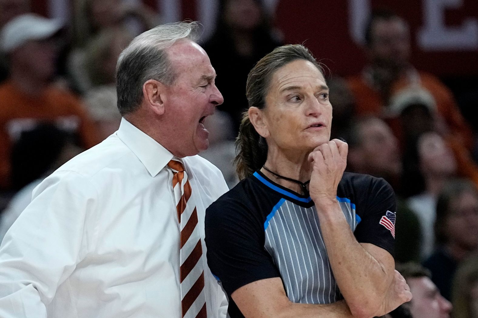 Vic Schaefer, head coach of the women's basketball team at the University of Texas, argues a call during a home game against Baylor on Saturday, December 30.