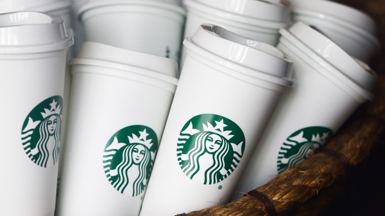 Starbucks reusable cups are seen on in Starbucks Coffee in Krakow, Poland on August 19, 2023.