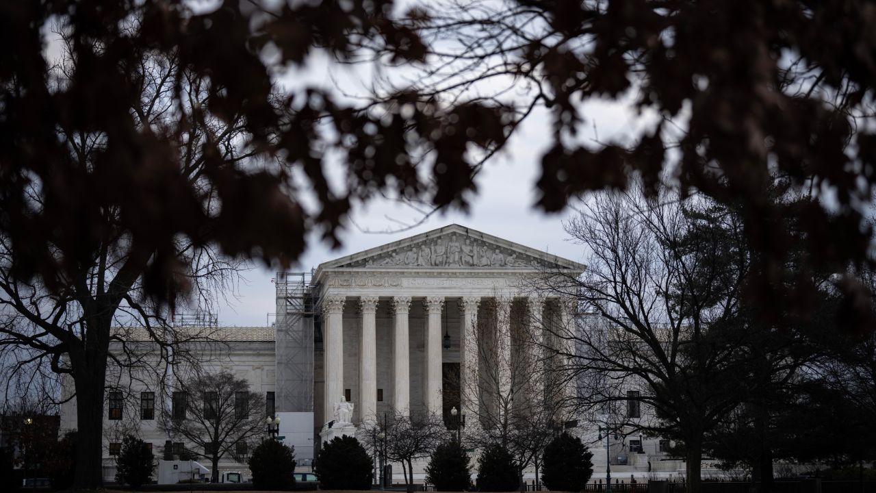 WASHINGTON, DC - JANUARY 4:  A view of the U.S. Supreme Court on Thursday morning January 4, 2024 in Washington, DC. Former President Donald Trump has petitioned the U.S. Supreme Court to keep his name on the primary ballot in Colorado. Earlier in December, the Colorado Supreme Court ruled 4-3 that former President Donald Trump is ineligible to run for the White House and appear on the state's ballot, citing the U.S. Constitution's insurrection clause in the 14th amendment.  (Photo by Drew Angerer/Getty Images)