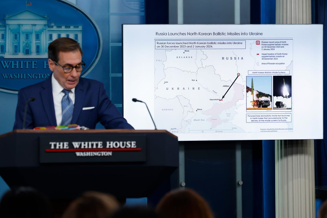 WASHINGTON, DC - JANUARY 04: National Security Council Coordinator for Strategic Communications John Kirby speaks during a news briefing at the White House on January 04, 2024 in Washington, DC. During the briefing, Kirby spoke about the U.S. government's belief that Russia was supplied with North Korean ballistic missiles that were used to strike Ukraine. (Photo by Anna Moneymaker/Getty Images)
