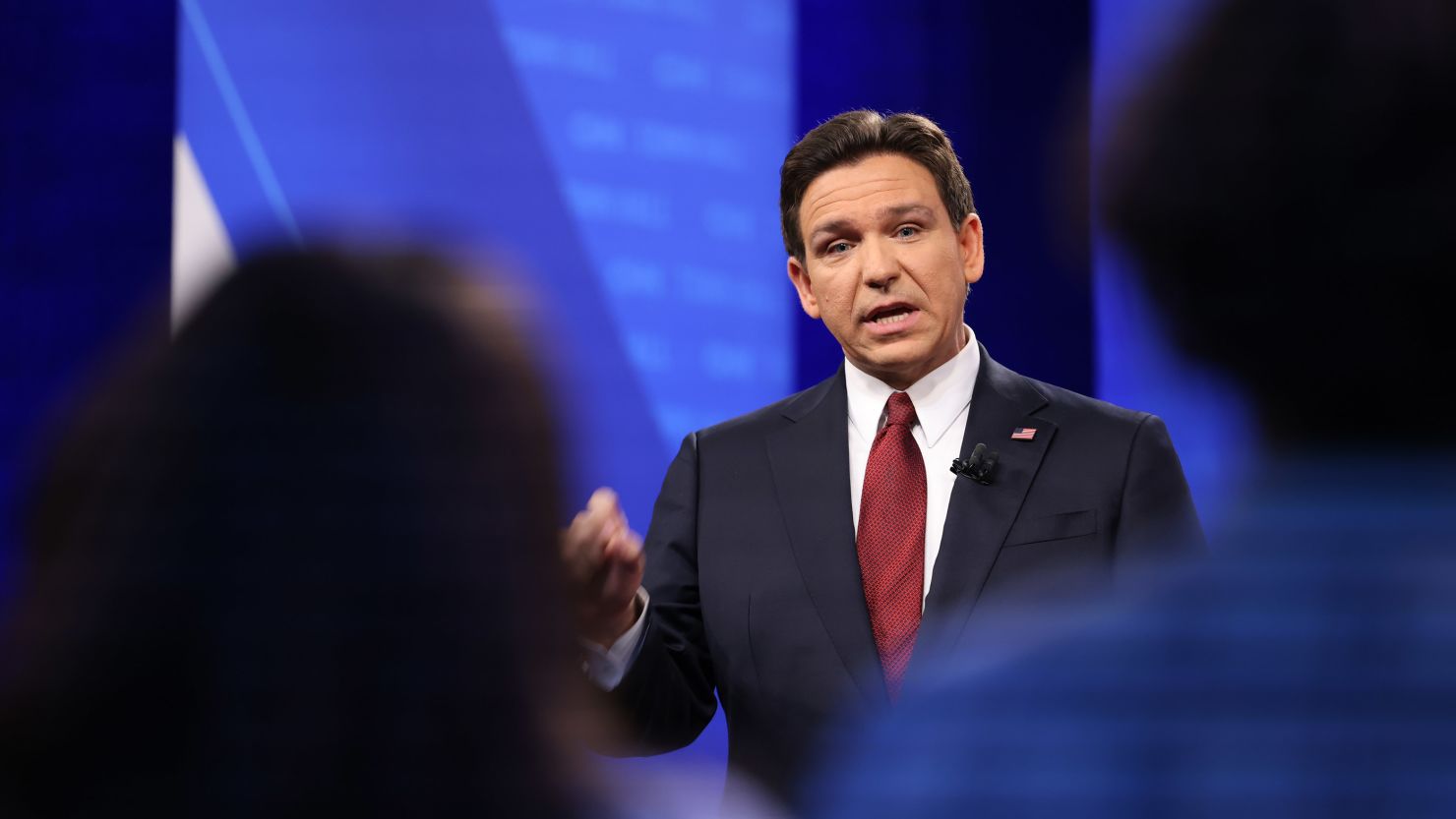 Republican presidential candidate and Florida Gov. Ron DeSantis participates in a CNN Republican Town Hall moderated by CNN's Kaitlan Collins at Grand View University in Des Moines, Iowa, on Thursday, January 4, 2024. (Rebecca Wright/CNN)