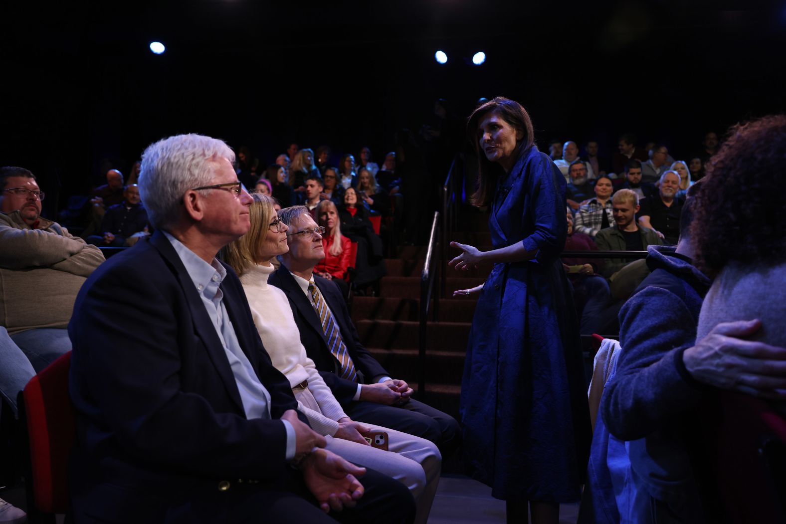 Republican presidential candidate and former South Carolina Gov. Nikki Haley talks to voters at <a href="index.php?page=&url=https%3A%2F%2Fwww.cnn.com%2F2024%2F01%2F04%2Fpolitics%2Fcnn-town-hall-takeaways%2Findex.html" target="_blank">a CNN Republican Town Hall</a> moderated by CNN's Erin Burnett at Grand View University in Des Moines, Iowa, on Thursday, January 4. Haley highlighted her electability when asked about her strategy for overtaking former President Donald Trump in the polls. "You don't defeat Democrat chaos with Republican chaos," she said.<br />