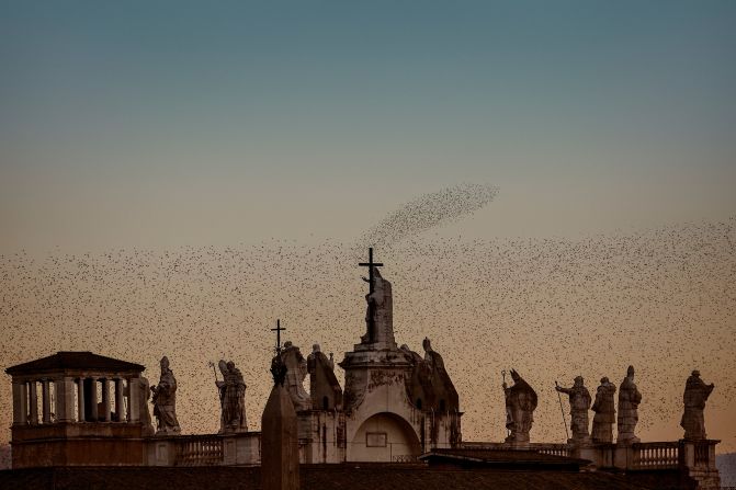 "Starling" explores the juxtaposition between wild and manmade, like this photo taken over the rooftop of Archbasilica of Saint John Lateran in Rome. Solk?r said the murmurations are "a very different experience" in an urban setting, compared to the coastal marshes of Denmark: "It even seems more surreal when you're in the city," he added. "It doesn't fit in so well, and that's also what's causing the big struggle between the city of Rome and the birds." 