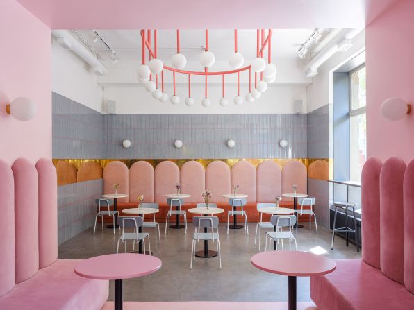 Breadway Bakery in Odessa, Ukraine. Its "bright, playful design and color palette transform a former dental office into a bustling and vibrant bakery café," Kingston writes in "Designing Coffee."<br />