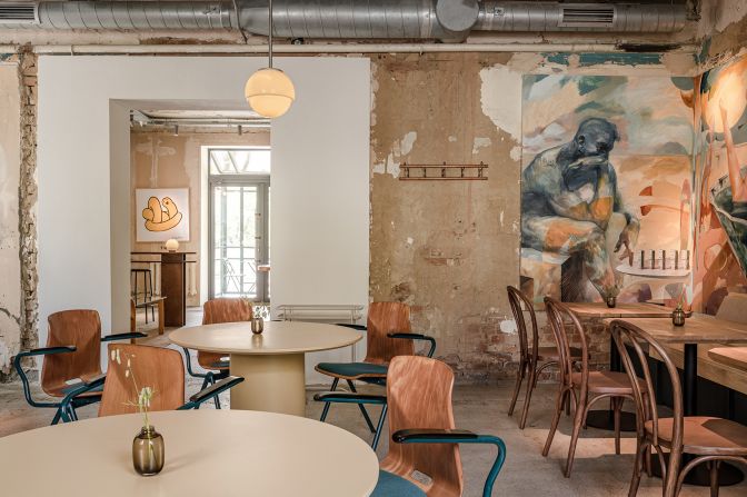 Dubler in Kyiv, Ukraine. The café's "industrial grit aesthetic" stands out in an upscale neighborhood in Ukraine's capital, with its furniture and furnishing all sourced, and rejuvenated, from thrift and vintage stores.