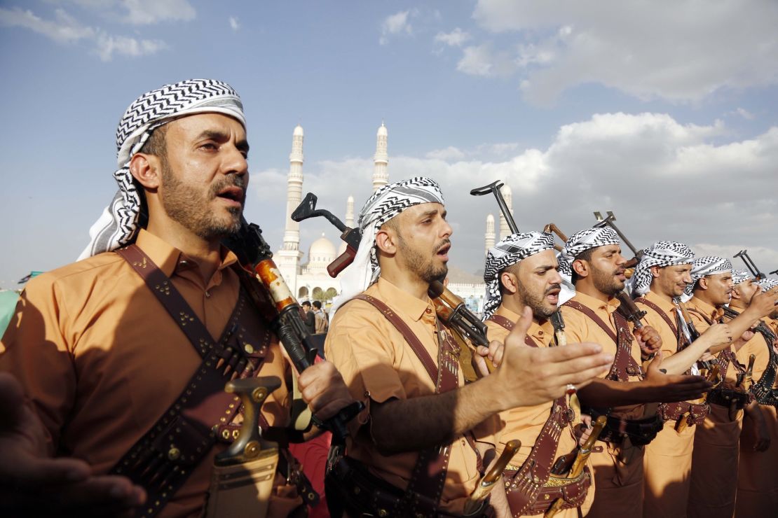 SANAA, YEMEN - JANUARY 05: Thousands of demonstrators gather at the call of the Iranian-backed Houthis to organize a demonstration in support of Gaza in Sanaa, Yemen on January 05, 2024. (Photo by Mohammed Hamoud/Anadolu via Getty Images)