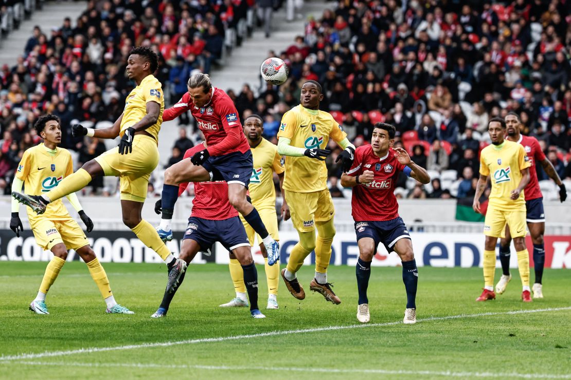 Lille's Turkish midfielder #10 Yusuf Yazici celebrates after scoring his team's first goal during the French Cup football match between Lille (LOSC) and Golden Lion FC at the Pierre-Mauroy Stadium in Villeneuve-d'Ascq, northern France, on January 6, 2024.
