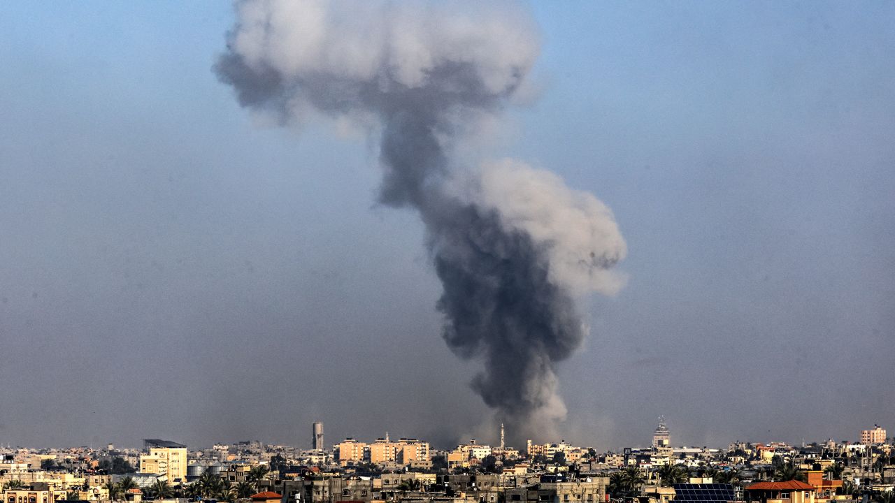 A picture taken from Rafah on January 6, 2024 shows smoke billowing over Khan Yunis in the southern Gaza Strip during Israeli bombardment, amid continuing battles between Israel and the Palestinian militant group Hamas.
