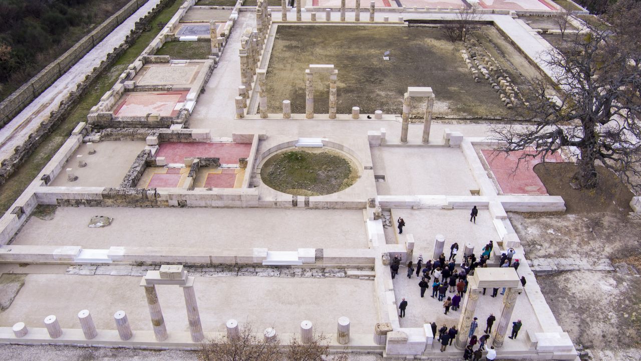 This aerial photo taken in Vergina, near Veroia, on January 5, 2024, shows the Aigai Palace after years of restoration work. The Palace of Aigai, known today as Vergina, is the palace where Alexander the Great was crowned king of the Macedonians and is considered not only the biggest but together with the Parthenon, the most significant building of classical Greece. (Photo by AFP)