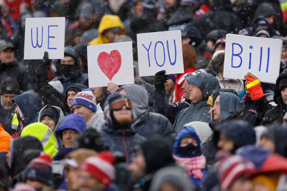 Fans show their support of New England Patriots head coach Bill Belichick during the first half of an NFL football game against the New York Jets, Sunday, Jan. 7, 2024, in Foxborough, Mass. (AP Photo/Michael Dwyer)