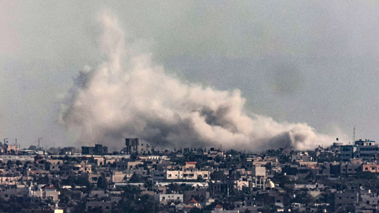 A picture taken from Rafah on January 7, 2024, shows smoke billowing over Khan Yunis in the southern Gaza Strip during Israeli bombardment, amid continuing battles between Israel and the Palestinian militant group Hamas. (Photo by AFP) (Photo by -/AFP via Getty Images)