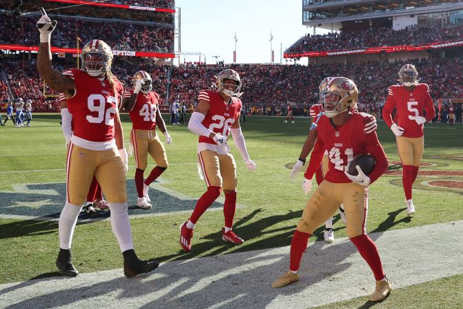 San Francisco 49ers safety Tayler Hawkins celebrates with teammates after an interception on January 7. The 49ers went on to lose 21-20 to the Los Angeles Rams, but they already had the No. 1 seed locked up in the NFC. The Rams were already set as a wild-card team.
