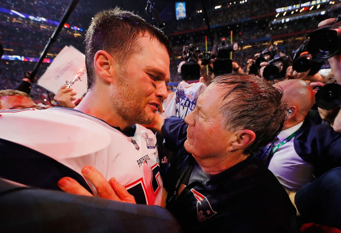 ATLANTA, GA - FEBRUARY 03:  Tom Brady #12 of the New England Patriots talks to head coach Bill Belichick of the New England Patriots after the Patriots defeat the Rams 13-3 during Super Bowl LIII at Mercedes-Benz Stadium on February 3, 2019 in Atlanta, Georgia.  (Photo by Kevin C. Cox/Getty Images)