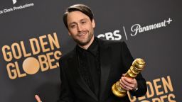 TOPSHOT - US actor Kieran Culkin poses with the award for Best Performance by a Male Actor in a Television Series - Drama  for "Succession" in the press room during the 81st annual Golden Globe Awards at The Beverly Hilton hotel in Beverly Hills, California, on January 7, 2024. (Photo by Robyn BECK / AFP) (Photo by ROBYN BECK/AFP via Getty Images)
