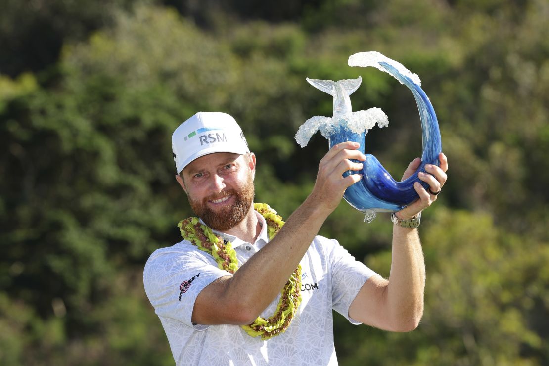 KAPALUA, HAWAII - JANUARY 07: Chris Kirk of the United States celebrates with the trophy after winning the final round of The Sentry at Plantation Course at Kapalua Golf Club on January 07, 2024 in Kapalua, Hawaii. (Photo by Kevin C. Cox/Getty Images)