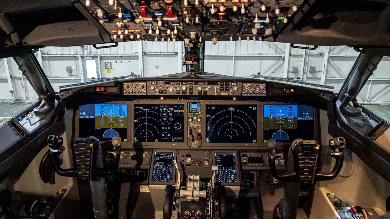 Touchscreen controls inside the cockpit of an Alaska Airlines Boeing 737-9 aircraft during an event showcasing the latest updates in the ecoDemonstrator program at Boeing Field in Seattle, Washington, U.S., on Monday, Sept. 27, 2021. Boeing Co. is studying how to incorporate sustainability improvements into aircraft design, production, maintenance and recycling in preparation for its next commercial airliner, said Mike Sinnett, vice president of product development for Boeing Commercial Airplanes. Photographer: David Ryder/Bloomberg via Getty Images