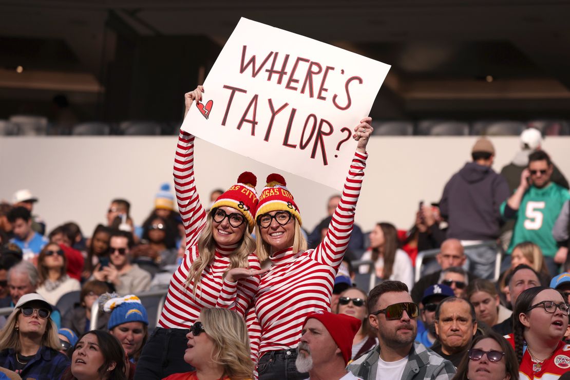 INGLEWOOD, CALIFORNIA - JANUARY 07: A view of fans holding a "Where's Taylor" sign during a game between the Kansas City Chiefs and Los Angeles Chargers at SoFi Stadium on January 07, 2024 in Inglewood, California. (Photo by Harry How/Getty Images)