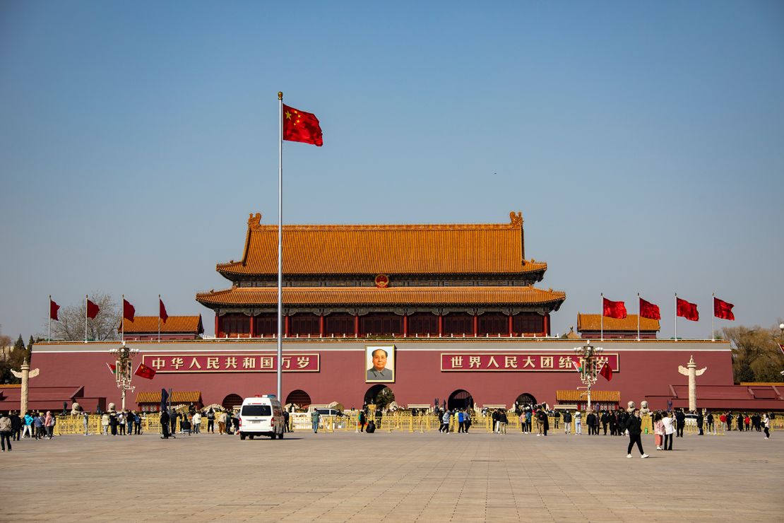 Chinese national flags flutter at Tian'anmen Square ahead of the annual two sessions on March 2, 2023 in Beijing, China.