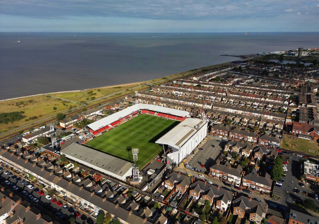 An aerial view shows Blundell Park, home of Grimsby Town Football Club on August 23, 2022 in Grimsby, England.