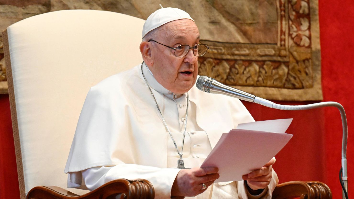 Pope Francis delivers his yearly address to the diplomatic corps accredited to the Vatican, sometimes called his "State of the World" address, at the Vatican January 8, 2024.