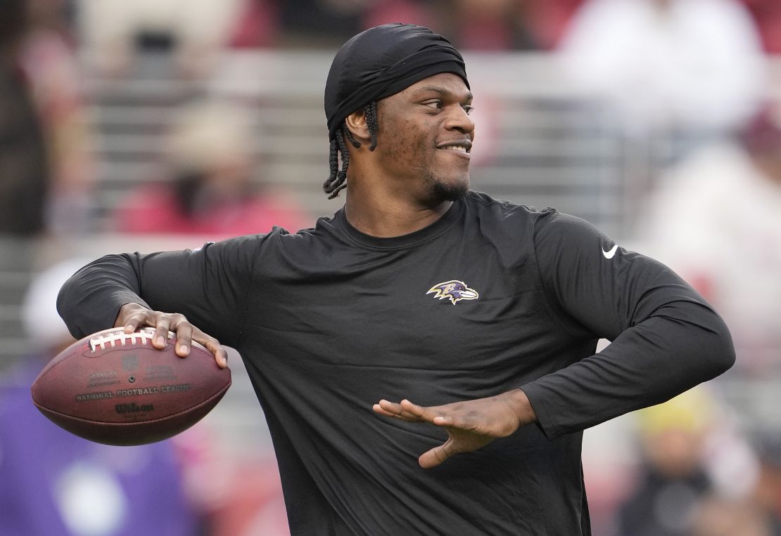 SANTA CLARA, CALIFORNIA - DECEMBER 25: Lamar Jackson #8 of the Baltimore Ravens warms up prior to the start of an NFL football game against the San Francisco 49ers at Levi's Stadium on December 25, 2023 in Santa Clara, California. (Photo by Thearon W. Henderson/Getty Images)