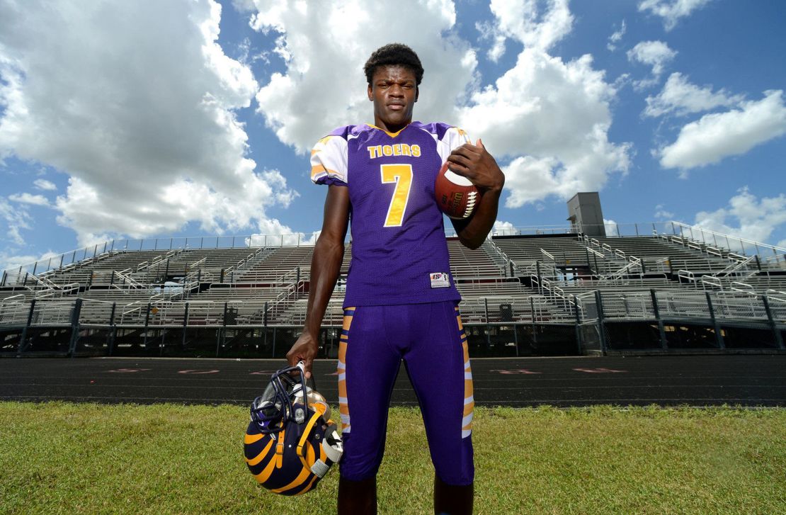 Quarterback Lamar Jackson of Boynton Beach High School on August 13, 2014. (Jim Rassol/South Florida Sun Sentinel/Tribune News Service via Getty Images)