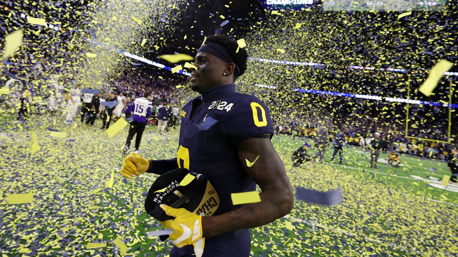 Mike Sainristil #0 of the Michigan Wolverines reacts after defeating the Washington Huskies during the 2024 CFP National Championship game at NRG Stadium on Monday in Houston.