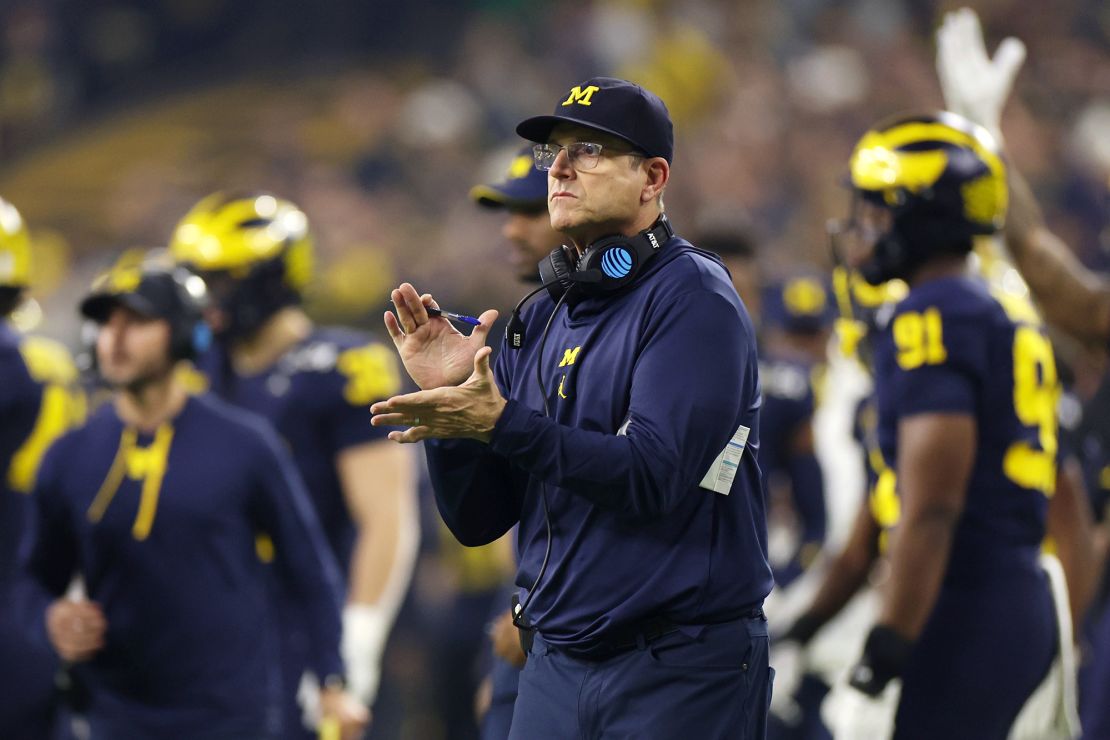HOUSTON, TEXAS - JANUARY 08: Head coach Jim Harbaugh of the Michigan Wolverines reacts in the first quarter against the Washington Huskies during the 2024 CFP National Championship game at NRG Stadium on January 08, 2024 in Houston, Texas. (Photo by Gregory Shamus/Getty Images)
