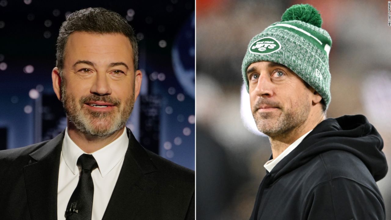 Late night host Jimmy Kimmel and Aaron Rodgers of the New York Jets