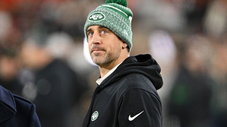 CLEVELAND, OHIO - DECEMBER 28: Aaron Rodgers #8 of the New York Jets looks on prior to playing the Cleveland Browns at Cleveland Browns Stadium on December 28, 2023 in Cleveland, Ohio. (Photo by Nick Cammett/Getty Images)