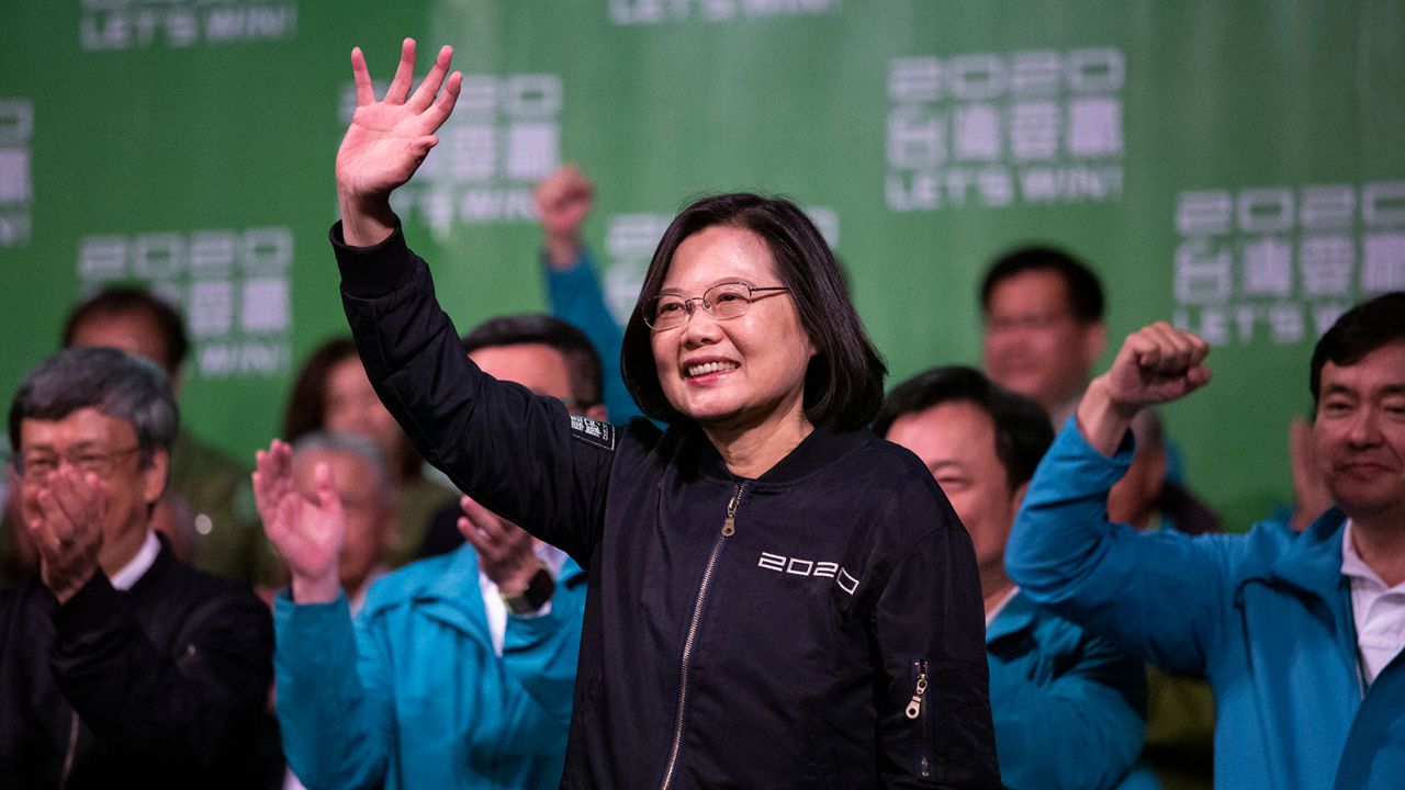 Taiwan's President Tsai Ing-wen waves at her supporters outside the Democratic Progressive Party's headquarters where she was declared a winner in the Taiwan's election in Taipei on January 11, 2020.