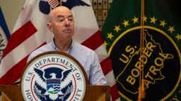 Alejandro Mayorkas, secretary of the US Department of Homeland Security (DHS), during a news conference while visiting the US-Mexico border in Eagle Pass, Texas, US, on Monday, Jan. 8, 2024.