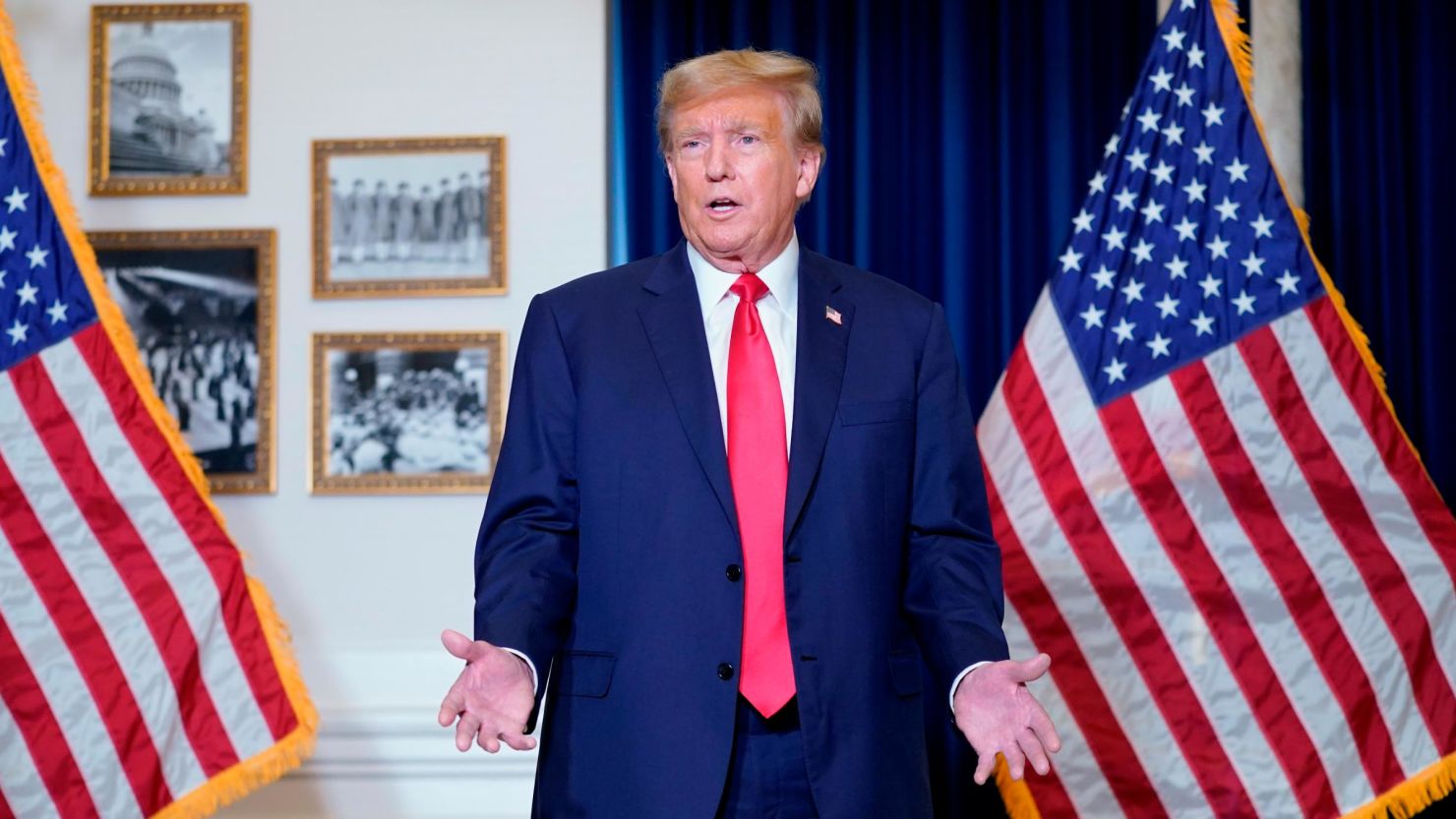 Former President Donald Trump speaks to the media at a Washington hotel, Tuesday, Jan. 9, 2024, after attending a hearing before the D.C. Circuit Court of Appeals at the federal courthouse in Washington.