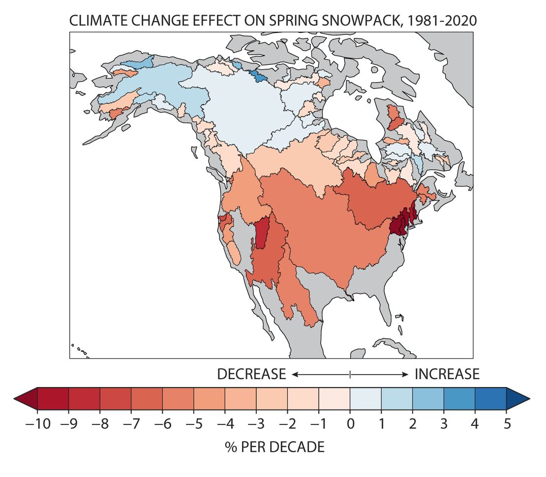 Mapa, efecto del cambio climático en la capa de nieve primaveral 1981-2020