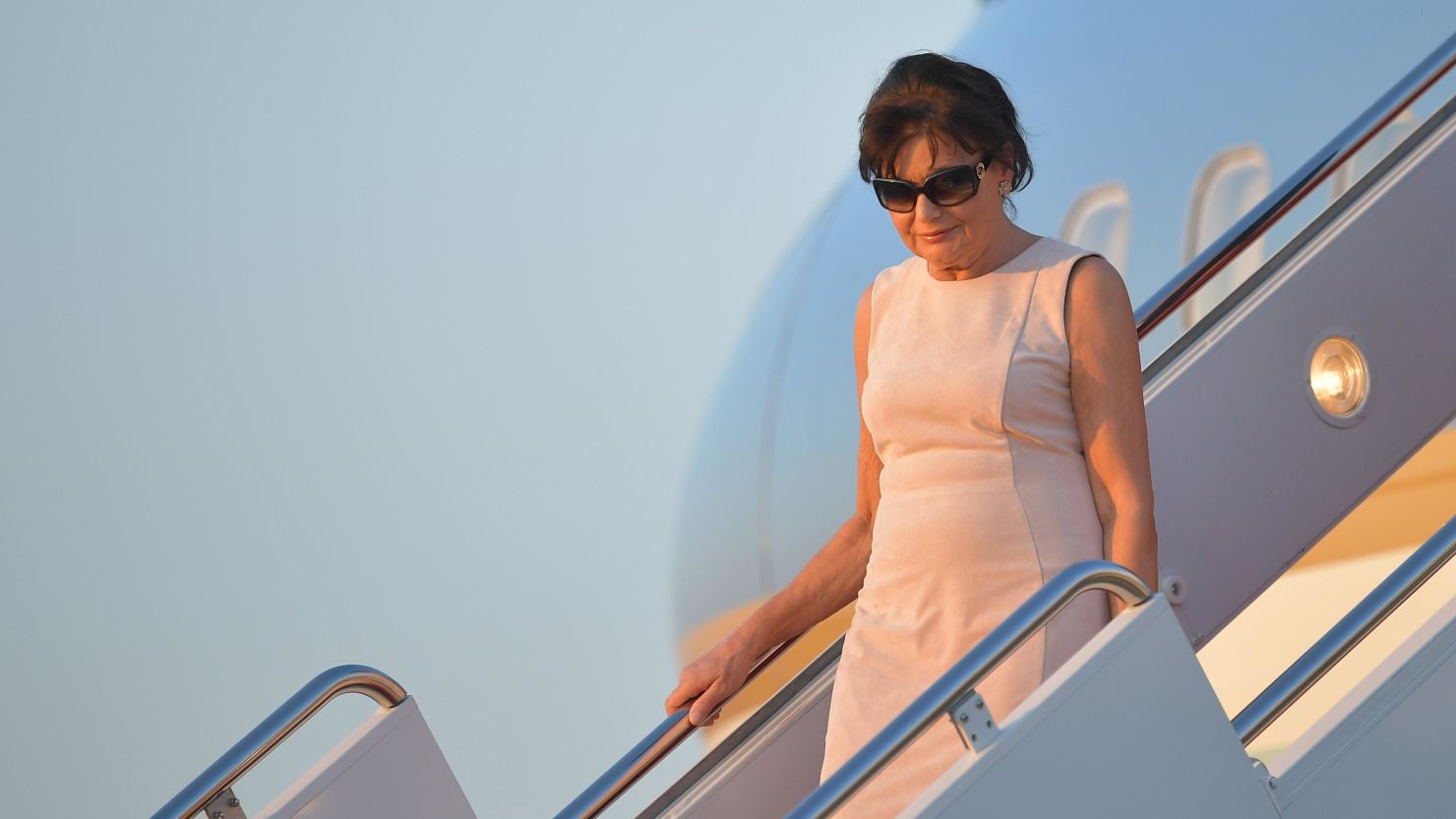 Amalija Knavs, the mother of US First Lady Melania Trump, steps off Air Force One upon arrival at Andrews Air Force Base in Maryland, on June 11, 2017. - Knavs arrived in Washington with US President Donald Trump who spent the weekend at his Bedminster, New Jersey golf club. (Photo by MANDEL NGAN / AFP)        (Photo credit should read MANDEL NGAN/AFP via Getty Images)