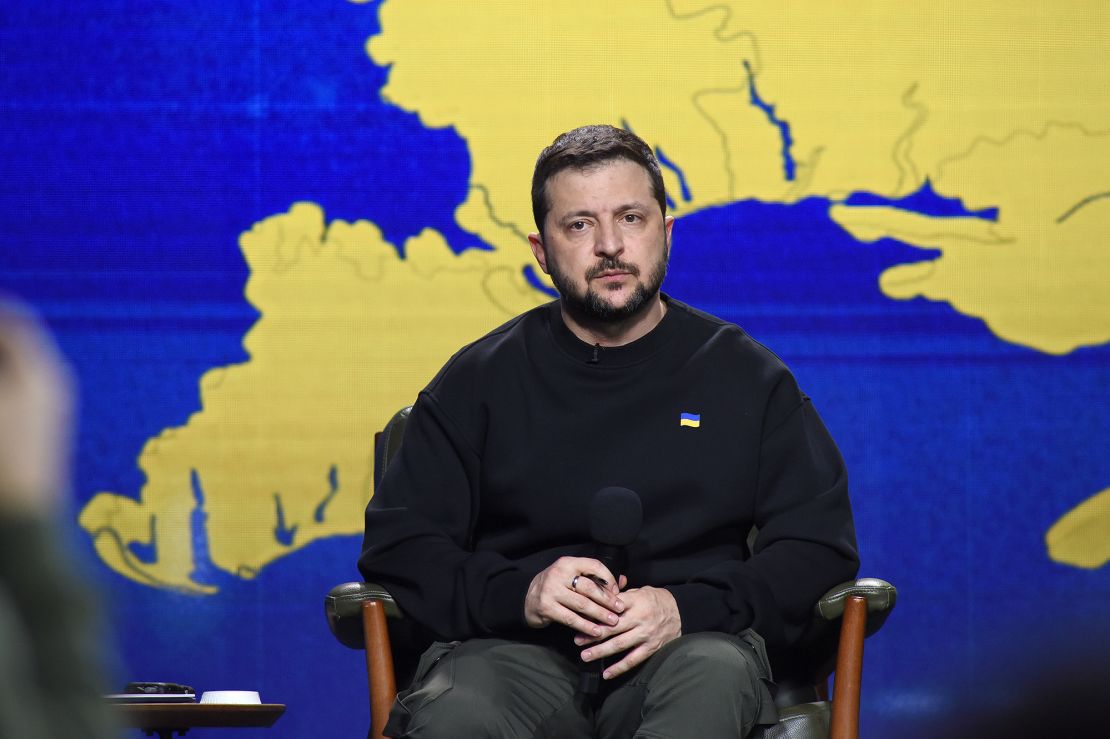 KYIV, UKRAINE - DECEMBER 19, 2023 - President of Ukraine Volodymyr Zelenskyy is pictured during a press conference on the results of 2023, Kyiv, capital of Ukraine. (Photo credit should read Kaniuka Ruslan / Ukrinform/Future Publishing via Getty Images)