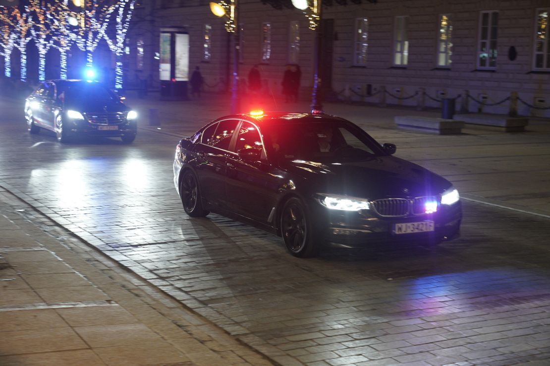 Cars with sirens from the Presidential Palace are seen on the Krakowskie Przedmiescie street in Warsaw, Poland on 09 January, 2024. Maciej Wasik and Mariusz Kaminski, two opposition MPs who previously led the government anti-corruption bureau CBA have been hiding out in the Presidential Palace after a warrant for their arrest had been issued following a court verdict in a corruption case. (Photo by Jaap Arriens/NurPhoto via AP)