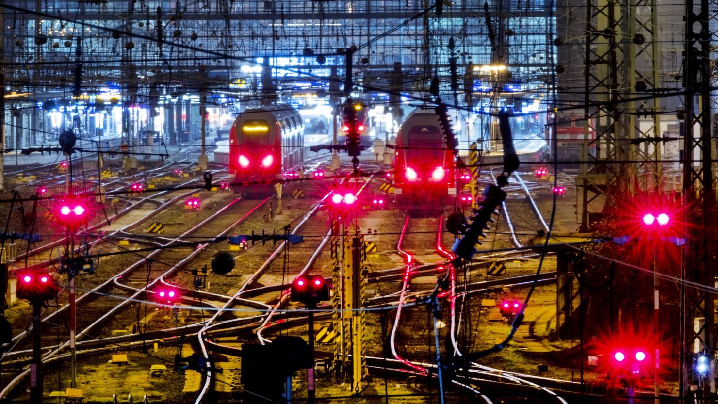Trains are parked outside the central train station in Frankfurt, Germany, Wednesday, Jan. 10, 2024, as the German Train Drivers' Union (GDL) started a strike on Wednesday to Friday in a dispute with the main national railway operator over working hours and pay. (AP Photo/Michael Probst)